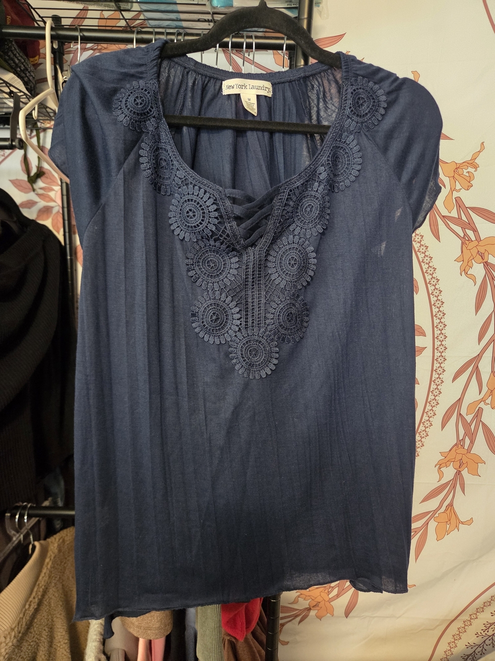 New York & Company Navy Crochet Lace-Up V-Neck Blouse